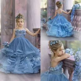 Vestidos fofos de 2020 de flores para garotas de flaghetti de casamento Lace 3D Floral Kids Apliques Formal Wear