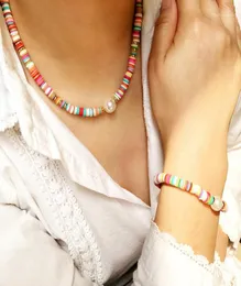 أقراط قلادة Vekno Vinyl Heishi Disc Bracelet Bearl Pearl Polymer Clay Beads for Women Boho Beach Surf Jewelry Set Gift17381131