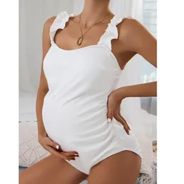 Yaz Katı Beyaz Hamile Kadın Mayolar Ruffles Straps Hamile Tek Parçalı Mayo Mayosu Takım Premama Monokini Bikini 240507