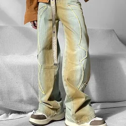 Streetwear nödställda lapptäcke baggy jeans för män y2k vintage rå kant broderi denim byxor kvinnor raka breda benbyxor 231220