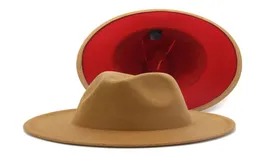 Tan Red Patchwork Wool Feel Jazz Fedora Hats Wide Brim Women Men Men Party Wedding Cowboy Trilby Panama Gambler Hat4215732