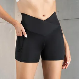 Aktiva shorts crossover midje gym Polyester träningsbyxor för sport svart fitness yoga korta leggings täta cyklistkvinnor