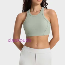 Designer tops Sexy Lul Women Yoga Underwear Vertical Rib 20 High Pesh Neck Elastic Skincare Sports Bra com almofada de peito à prova de choque e apoio