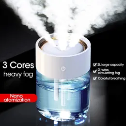 2L Air Humidifier For Home USB Large Capacity 3 Nozzle Heavy Fog Purifier With LED Lamp Ultrasonic Essenti OIL Diffus Aroma 240508