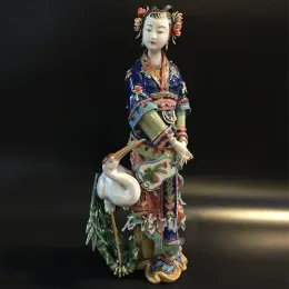 Sculptures Chinese Style Decor Ceramic Craft Home Decoration Classical Enamel Beautiful Women Statue Lady Crane Art Sculpture