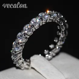 Vecalon Women Band Ring Round Cut 4mm Symulowany diament CZ 925 Srebrny Srebrny Pierłogość zaręczynowa dla kobiet biżuteria mody 262c