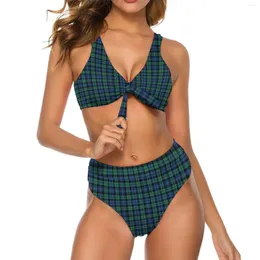 Kvinnors badkläder blå svart rutig bikini set vintage checker baddräkt sexig push up hög midje rave trend baddräkt