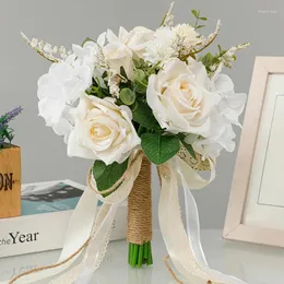 Fiori decorativi Yan Rustic Wedding Bouquet per sposa White Champagne Rose artificiali Bridal Holding Bouquet Decoration