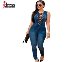 Idress Plus Size Summer Women Party Slim Jeans Combinaison Deep V Neck Lace Up Rompers Sexy Club OvalonalsデニムジャンプスーツT2313338