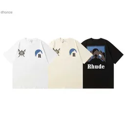 Mens and Womens Trends Designer Fashion 24s Brand Rhude Micro Label Sunset Snow Mountain Printed Short Sleeved Tshirt for Men Women High Street Half Sleev