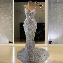 Abiti da sera sirena in pizzo d'argento glitter abiti da ballo di perline per perline per perline per donne per donne più dimensioni sirenete lunghe serate formali formali