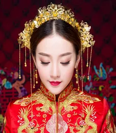 Ny klassisk guldfärg kinesisk traditionell hårsmycken tofs hårband koronet hårnålar örhängen brud bröllop bijoux gåvor4361137