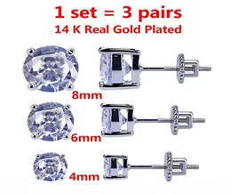 3 çift set 48 mm 14k altın kaplama cz kare buzlu çivili küpeler emniyet vidalı erkekler ve kadınlar için geri