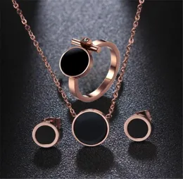 316L Titanium Steel Jewelry Set Rose Gold BLACK MONAMEL RING NENTLACE Set7664412