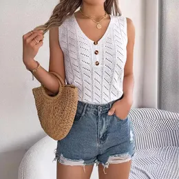 Frauenpullover weiße sexy Knopfausschnitt ärmellose Top Resort Strick Sweater Sommer lässig Low geschnitten