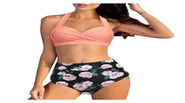 Women039S stroje kąpielowe bikini stroju kąpielowego wycięcie w talii dwie kobiety vintage fragment retro kantar Ruched wysoki druk 2621770