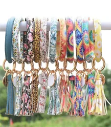 Mode Frauen Muster Quaste Bracelets PU Leder Wrap Key Ring Leopard Lily Print Schlüsselbund Kreis Birbchen Kette Armbandhalter für Mädchen6057654