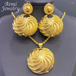 Halsbandörhängen Set Luxury Dubai 24K Gold Plated Copper Jewelry for Women Pendant Romantic Italian Bridal Wedding Party Gifts