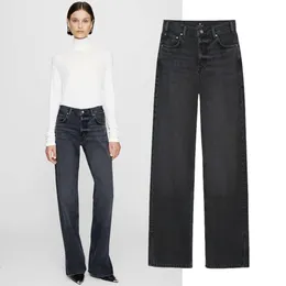24SS Anime Bing New Product Designer Cotton Dragkedja Jeans Mid midja raka byxor med delad hemfärg tvättade svarta grå kvinnor avslappnade jeans och höga midjbyxor aniner