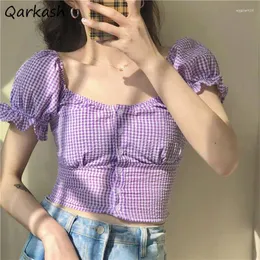 Frauenblusen Hemden Frauen schlanker Puffärmel Plaid Square Kragen koreanischer Stil süße Ernte Tops Ulzzang Holiday Streetwear Sommer Retro Chic