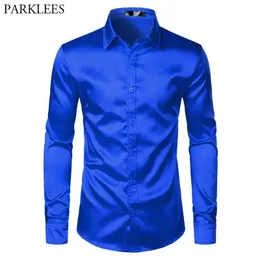 Z5ru Мужские рубашки платья синяя шелковая атласная рубашка мужчина 2023 Роскошная новая слабая подходные рубашки для мужских рубашек Свадебная вечерин