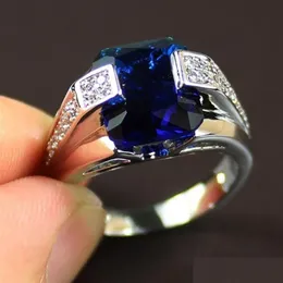 With Side Stones Top Sell Drop Luxury Jewelry 925 Sterling Sier Princess Cut Blue Sapphire Cz Diamond Gemstones Male Men Band Ri3063 D Dhtil
