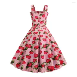 Casual Dresses Square Neckline Dress Strawberry Print A-line Prom With Vintage Button Decor Backless Design Elegant Cocktail For Women