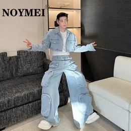 NOYMEI Solid Color Washed Denim Two Pieces Set Fashionable Spring Mens Short Jacket Multi-pocket Wide Leg Jean WA4089 240424