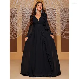 Повседневные платья черные женщины с длинным рукавом Deep V Seck Sexy Backless Ruffle Elegant Ladies Evening Cocktail Prom Parm Платье