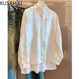 女性のブラウスKusahiki Women 2024 Spring Chinese Style Blouse Daucal Lengeve StandネックトップシャツCamisa Feminina