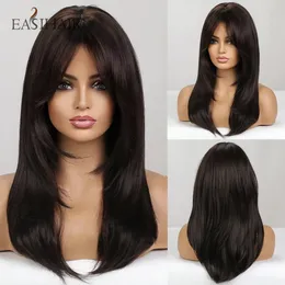 EASIHAIR Dark Brown Black Synthetic Wigs with Bangs Medium Straight Layered Natural Hairs for Women Daily Cosplay Heat Resistant 240419