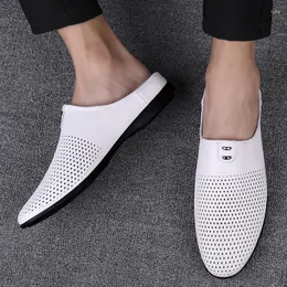 Casual Shoes 2024 Summer Style Hollowed Out Top Layer Cowhide Half Men Black /White /Brown Flats Mens Breatble Slip-On Slacker