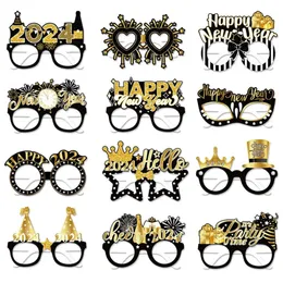 Decoration Frame 2024 Family Happy 12Pcs/Set New Year Eve Party Paper Glasses Photo Booth Props Navidad Christmas Favors