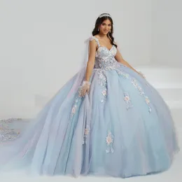 Céu azul céu brilhante Quinceanera vestido de bola de renda de renda de renda de beading tull com cape mexico sweet 16 vestidos de xv 15 anos