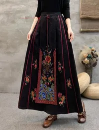 Ethnic Clothing 2024 Chinese Traditional Skirt National Flower Embroidery Satin Jacquard Folk Vintage Loose A-line Dance Suit