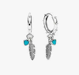 Blue Hearts Feather Hoop Earrings Women Girls Gift Jewelry for 925 Sterling Silver Pendant Earring with Original box2015295