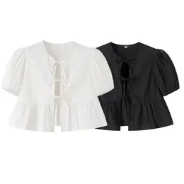 Traf White Crop Top Women Black Ruffle Blush Short Blouse Short Feminino Bloups Summer Bloups Woman 2024 Ruched Tops fofos 240429