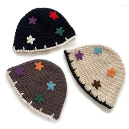 Berets Cute Multicolour Star Cotton Handmade Crochet Knitted Bucket Hat For Women Wholesale Autumn Knit Beanie Foldable Dome Floppy