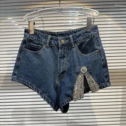 Women's Jeans 2024 Summer Pants Sexy Girls Rhinestone Bow Split Washed Ultra Short Shorts Womens Casual Dark Blue Denim