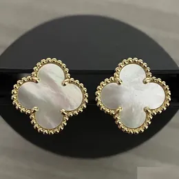 Stud Charm Earrings Two Flowers 4/Four Leaf Clover Back Mother-Of-Pearl Sier Gold Plated Titanium Agate For Women Girls Valentines Dro Otxs0