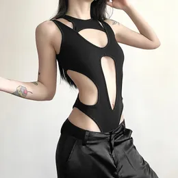 Mall Gothic Hollow Out Sexy Bodysuits Techwear Fashion Y2K Patchwork Topps Women Grunge Backless High Cut Slim Bodysuit 240423