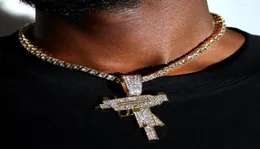 Ketten Mode glänzende Strassonstone Uzi Submachine Pendellanhänger Halskette für Männer Frauen vereisert gepflasterte Kristalltenniskette Juwely6814496