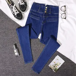 Calça jeans feminina calça de jeans azul profunda da cintura alta alongamento de calças de perna apertada de pernas apertadas Jean Pant A283