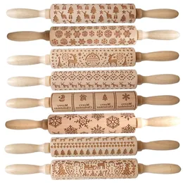 35*4cm/13.8*1.6inch Christmas Wooden 3D Rolling Pins Embossed Engraved Embossing Xmas Themed Baking Cookies Biscuit Fondant Cake Tools Reindeer Snowflake JY0743