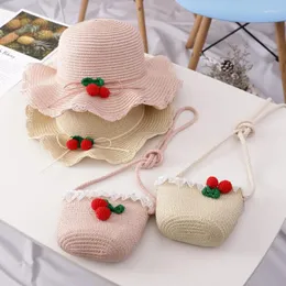 Cappelli 2 PC per la protezione solare per bambini Principessa Beach Hat Baby Girl Straw Cherry Fisherman e Bag Set for Kids