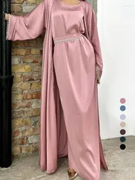 ملابس عرقية رمضان كبايا سلسلة الساتان كيمونو 2 قطعة أبيا مجموعة تركيا الإسلام لباس مسلم مجموعات أباياس للنساء رداء فيم موسولمان