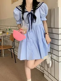 Vestidos de festa kimokokm verão estilo preppy kawaii arco loli vestido marinheiro colarinho doce menina mole manga de puff single penteado fofo