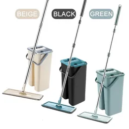 Squeeze Floor Mop Bucket Spin Magic Flat Dry Wet Usage Home Kitchen Cleaning Tools 6Pc Replacement Microfiber Rag 240508