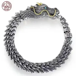 S925 عتيقة الفضة المطلية سوار التنين الشرس Viking Diking Dragon Men Men Bracelet Bangle 20 22 23cm 240508