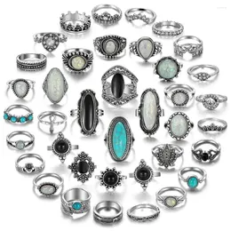 Anelli a grappolo 39 pezzi set boemia metallo per donne uomini vintage color argento piuma anello corona di moda gioielli all'ingrosso